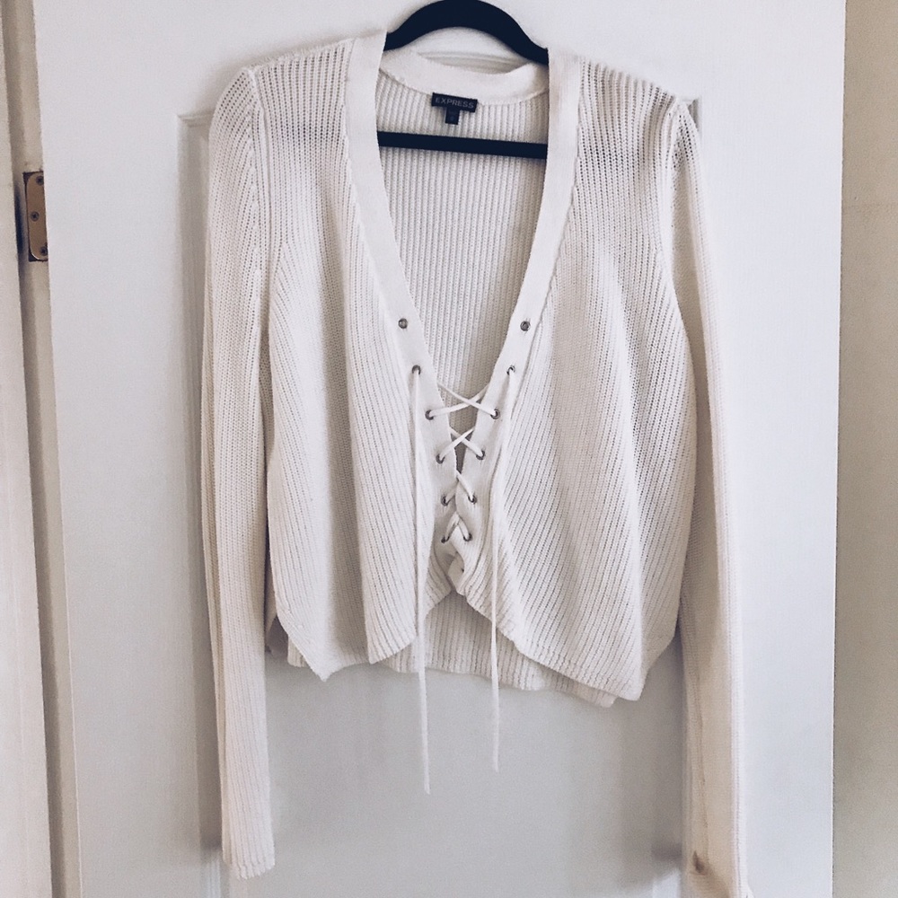 White lace up sweater